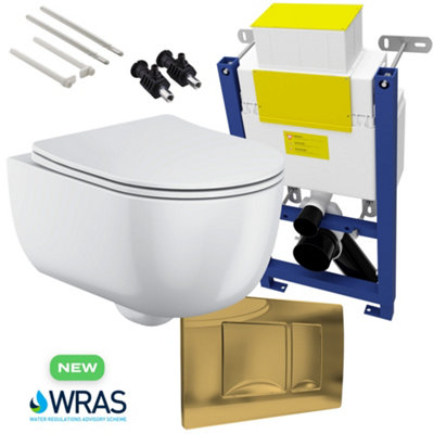 Bubly Bathrooms™ D Shape Rimless 2.0 Wall Hung Toilet & 0.74m Low Height Concealed Cistern Frame - Matt Gold Plate