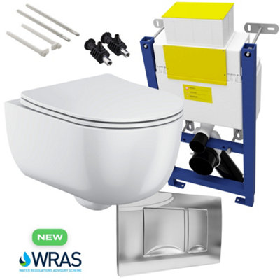 Bubly Bathrooms™ D Shape Rimless 2.0 Wall Hung Toilet & 0.74m Low Height Concealed Cistern Frame - Polished Chrome Plate