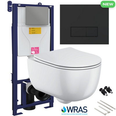 Bubly Bathrooms™ D Shape Rimless 2.0 Wall Hung Toilet with 1.10m Concealed WC Cistern Frame - Matt Black Plate