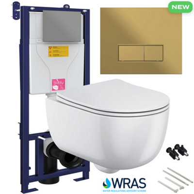 Bubly Bathrooms™ D Shape Rimless 2.0 Wall Hung Toilet with 1.10m Concealed WC Cistern Frame - Matt Gold Plate