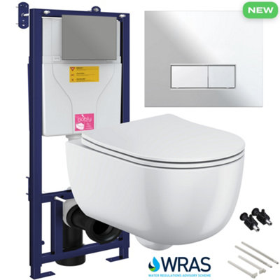 Bubly Bathrooms™ D Shape Rimless 2.0 Wall Hung Toilet with 1.10m Concealed WC Cistern Frame - Polished Chrome Plate