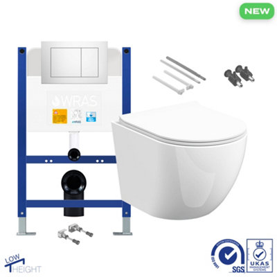 Bubly Bathrooms™ D Shape Rimless Wall Hung Toilet & 0.74m Low Height Concealed Cistern Frame - Gloss Chrome Plate