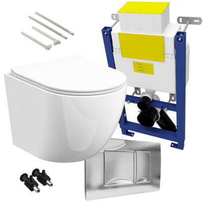 Bubly Bathrooms™ D Shape Rimless Wall Hung Toilet & 0.74m Low Height Concealed Cistern Frame - Gloss Chrome Plate