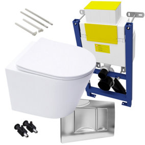 Bubly Bathrooms™ D Shape Rimless Wall Hung Toilet & 0.74m Low Height Concealed Cistern Frame - Gloss Chrome Plate