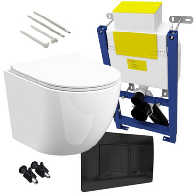 Bubly Bathrooms™ D Shape Rimless Wall Hung Toilet & 0.74m Low Height Concealed Cistern Frame - Matt Black Plate