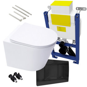 Bubly Bathrooms™ D Shape Rimless Wall Hung Toilet & 0.74m Low Height Concealed Cistern Frame - Matt Black Plate