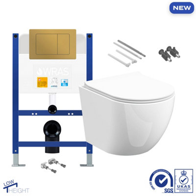 Bubly Bathrooms™ D Shape Rimless Wall Hung Toilet & 0.74m Low Height Concealed Cistern Frame - Matt Gold Plate