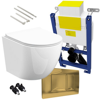 Bubly Bathrooms™ D Shape Rimless Wall Hung Toilet & 0.74m Low Height Concealed Cistern Frame - Matt Gold Plate