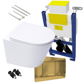 Bubly Bathrooms™ D Shape Rimless Wall Hung Toilet & 0.74m Low Height Concealed Cistern Frame - Matt Gold Plate