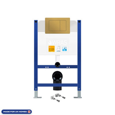 Bubly Bathrooms™ D Shape Rimless Wall Hung Toilet & 0.74m Low Height Concealed Cistern Frame - Matt Gold Plate - 3