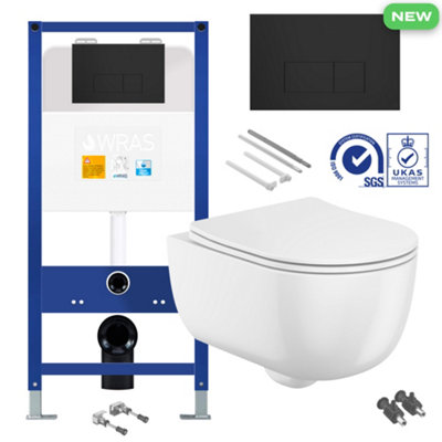 Bubly Bathrooms D Shape Rimless Wall Hung Toilet & 1.1m Concealed Cistern Frame with Matt Black Flush Plate