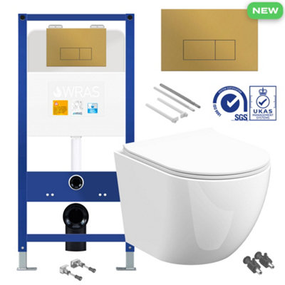Bubly Bathrooms D Shape Rimless Wall Hung Toilet Set with Brushed Brass Flush Plate & Concealed Cistern