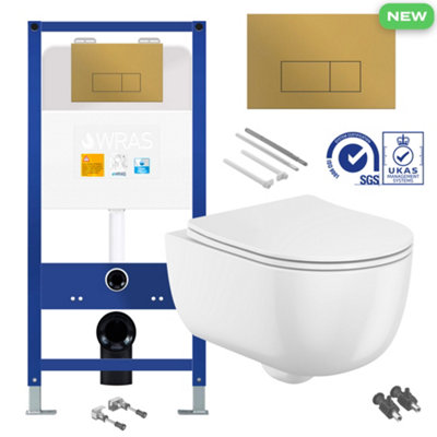 Bubly Bathrooms D-Shape Rimless Wall Hung Toilet Set with Concealed Cistern & Brushed Brass Flush Plate