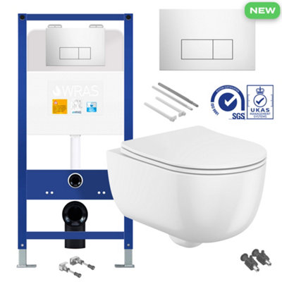 Bubly Bathrooms D Shape Rimless Wall Hung Toilet Set with Concealed Cistern & Chrome Flush Plate