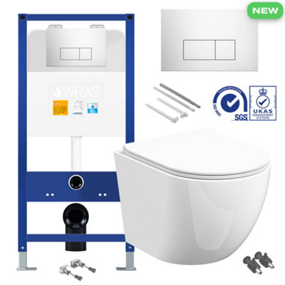 Bubly Bathrooms™ D Shape Rimless Wall Hung Toilet with 1.10m Concealed WC Cistern Frame - Gloss Chrome Plate