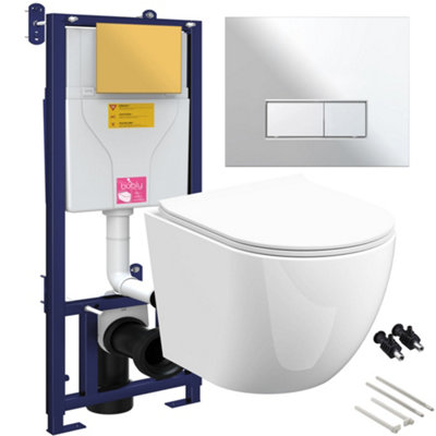 Bubly Bathrooms™ D Shape Rimless Wall Hung Toilet with 1.10m Concealed WC Cistern Frame - Gloss Chrome Plate