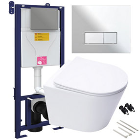 Bubly Bathrooms™ D Shape Rimless Wall Hung Toilet with 1.10m Concealed WC Cistern Frame - Gloss Chrome Plate