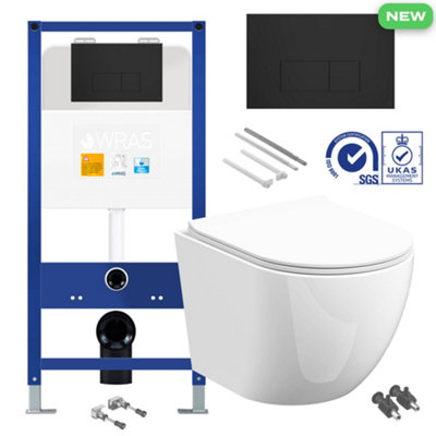 Bubly Bathrooms™ D Shape Rimless Wall Hung Toilet with 1.10m Concealed WC Cistern Frame - Matt Black Plate