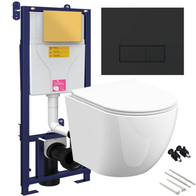 Bubly Bathrooms™ D Shape Rimless Wall Hung Toilet with 1.10m Concealed WC Cistern Frame - Matt Black Plate