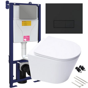 Bubly Bathrooms™ D Shape Rimless Wall Hung Toilet with 1.10m Concealed WC Cistern Frame - Matt Black Plate