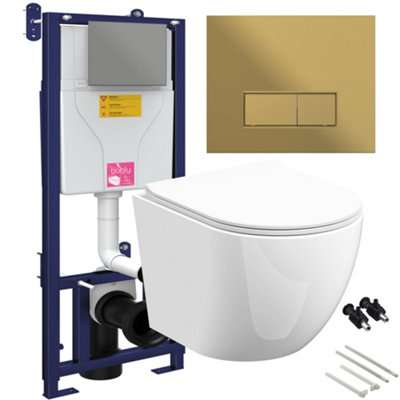 Bubly Bathrooms™ D Shape Rimless Wall Hung Toilet with 1.10m Concealed WC Cistern Frame -  Matt Gold Plate