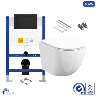 Bubly Bathrooms D-Shape Rimless Wall Hung Toilet with Low Height Concealed Cistern Frame - Matt Black Flush Plate