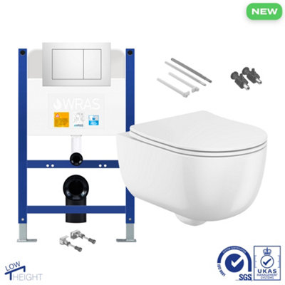 Bubly Bathrooms D-Shape Rimless Wall Hung Toilet with Low Height Concealed Cistern Frame - Polished Chrome Flush Plate