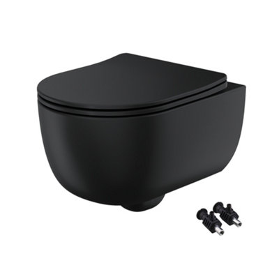 Bubly Bathrooms™ Matt Black D Shape Rimless 2.0 Wall Hung Toilet Pan & Soft Close Seat - Hidden Fixation