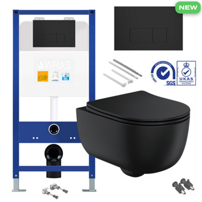 Bubly Bathrooms Matt Black D-Shape Rimless Wall Hung Toilet Set with Concealed Cistern Frame