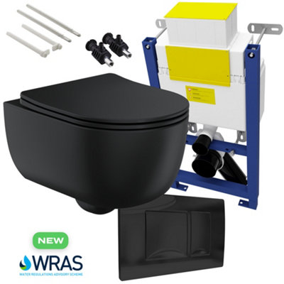 Bubly Bathrooms™ Matt Black D Shape Rimless Wall Hung Toilet with Matching 0.75m Low Height Concealed WC Cistern Frame