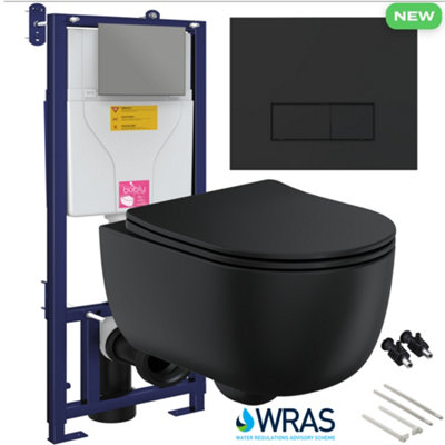 Bubly Bathrooms™ Matt Black D Shape Rimless Wall Hung Toilet with Matching 1.10m Concealed WC Cistern Frame