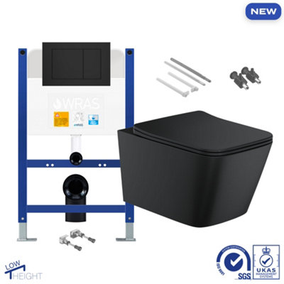 Bubly Bathrooms Matt Black Square Rimless Wall Hung Toilet & Low Height Concealed Cistern Frame Set