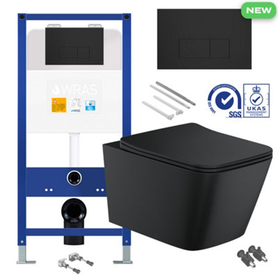 Bubly Bathrooms Matt Black Square Rimless Wall Hung Toilet Set with Concealed Cistern Frame