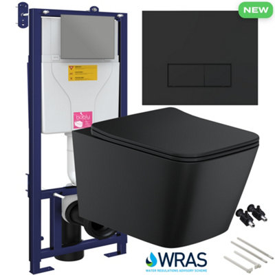 Bubly Bathrooms™ Matt Black Square Rimless Wall Hung Toilet with Matching 1.10m Concealed WC Cistern Frame