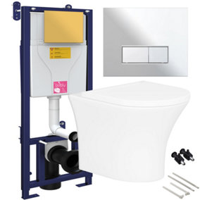 Bubly Bathrooms™ Rimless Wall Hung Toilet & Soft Close Seat with 1.10m Concealed WC Cistern Frame - Chrome Plate