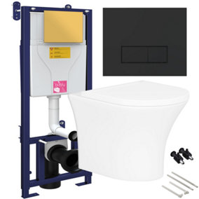 Bubly Bathrooms™ Rimless Wall Hung Toilet & Soft Close Seat with 1.10m Concealed WC Cistern Frame - Matt Black Plate