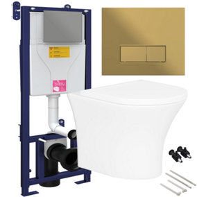 Bubly Bathrooms™ Rimless Wall Hung Toilet & Soft Close Seat with 1.10m Concealed WC Cistern Frame - Matt Gold Plate