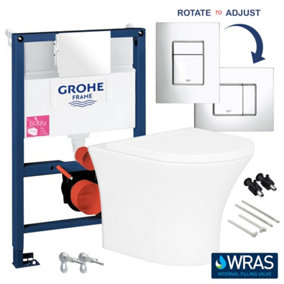 Bubly Bathrooms™ Rimless Wall Hung Toilet & Soft Close Seat with GROHE 0.82 - 0.98m Concealed WC Cistern Frame & Reversible Plate