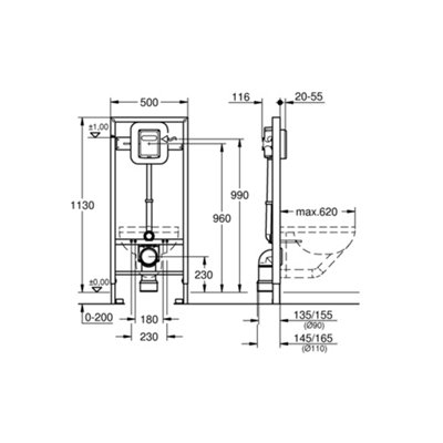 Bubly Bathrooms™ Rimless Wall Hung Toilet & Soft Close Seat with GROHE 1.13m Concealed WC Cistern Frame & Reversible Plate - 6