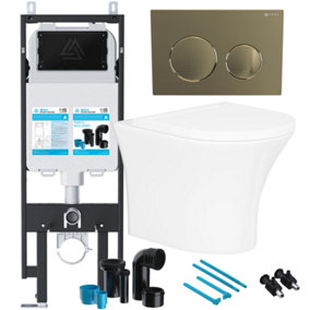 Bubly Bathrooms™ Rimless Wall Hung Toilet & Soft Close Seat with Viva Concealed Cistern Frame Set - Brushed Brass Flush Plate
