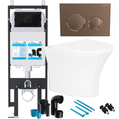 Bubly Bathrooms™ Rimless Wall Hung Toilet & Soft Close Seat with Viva Concealed Cistern Frame Set - Brushed Copper Flush Plate