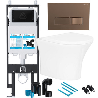 Bubly Bathrooms™ Rimless Wall Hung Toilet & Soft Close Seat with Viva Concealed Cistern Frame Set - Brushed Copper Flush Plate