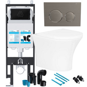 Bubly Bathrooms™ Rimless Wall Hung Toilet & Soft Close Seat with Viva Concealed Cistern Frame Set - Brushed Nickel Flush Plate