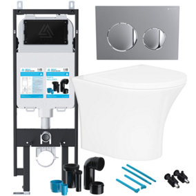 Bubly Bathrooms™ Rimless Wall Hung Toilet & Soft Close Seat with Viva Concealed Cistern Frame Set - Gloss Chrome Flush Plate