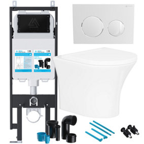 Bubly Bathrooms™ Rimless Wall Hung Toilet & Soft Close Seat with Viva Concealed Cistern Frame Set - Gloss White Flush Plate