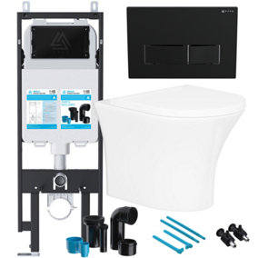 Bubly Bathrooms™ Rimless Wall Hung Toilet & Soft Close Seat with Viva Concealed Cistern Frame Set - Matt Black Flush Plate