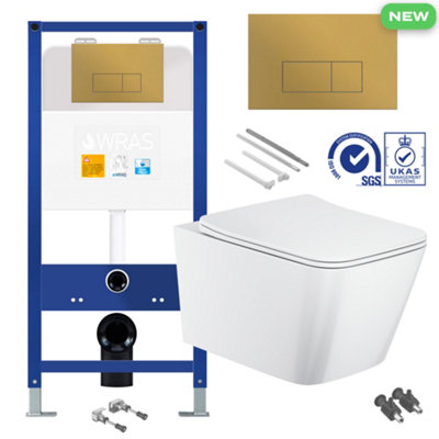 Bubly Bathrooms Square Rimless 2.0 Wall Hung Toilet & Concealed Cistern Frame Set - Brushed Brass Flush Plate