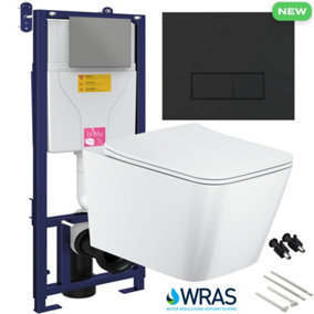 Bubly Bathrooms™ Square Rimless 2.0 Wall Hung Toilet with 1.10m Concealed WC Cistern Frame - Matt Black Plate