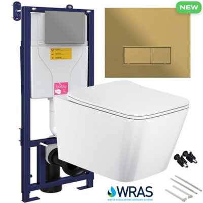 Bubly Bathrooms™ Square Rimless 2.0 Wall Hung Toilet with 1.10m Concealed WC Cistern Frame - Matt Gold Plate