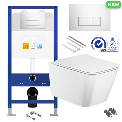 Bubly Bathrooms™ Square Rimless 2.0 Wall Hung Toilet with 1.10m Concealed WC Cistern Frame - Polished Chrome Plate